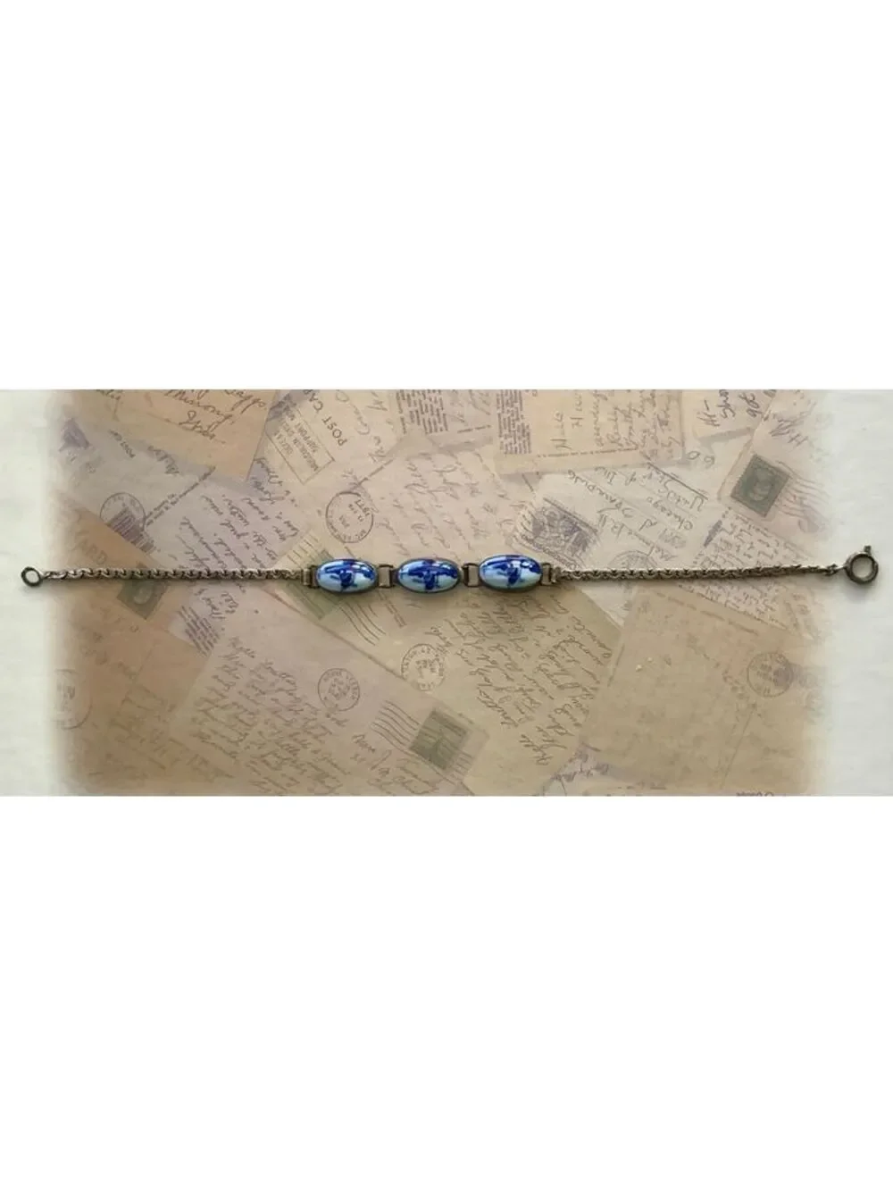 Vintage Dutch Holland Hand-Painted Delft Ceramic Sterling Silver Bracelet